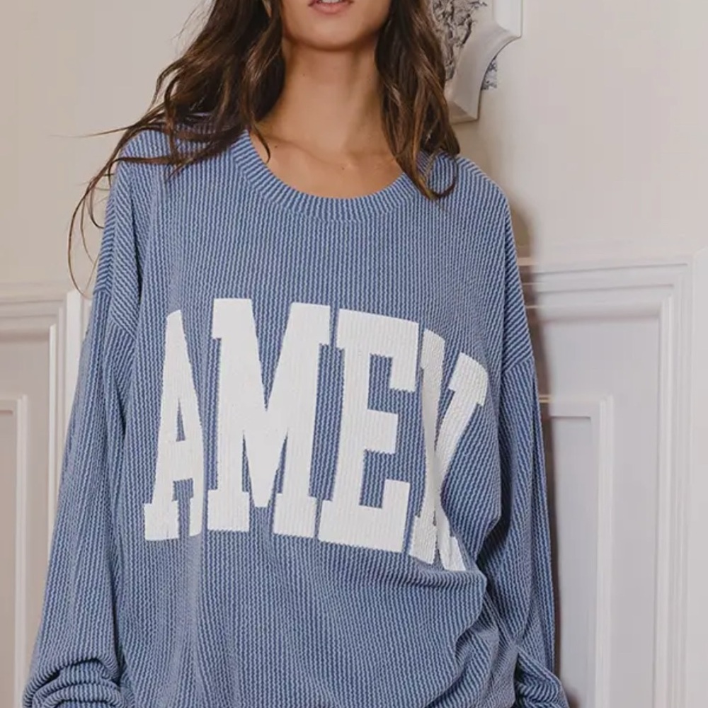 Blue and White Crew Neck Sweater with Bold Text